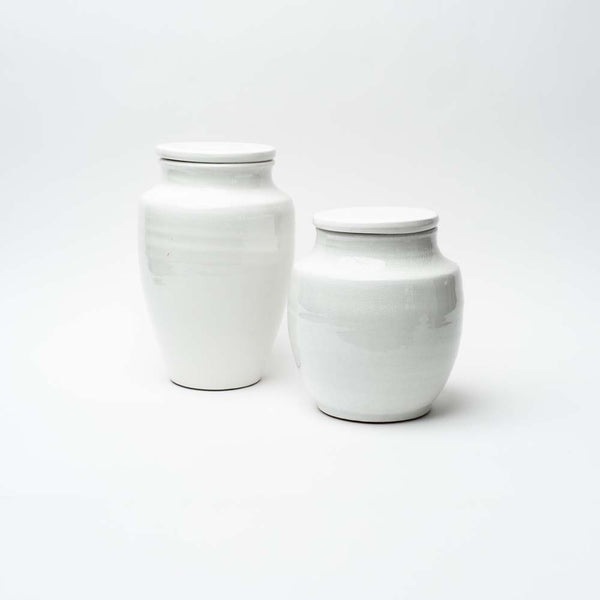 Set of two white ginger jars on a white background
