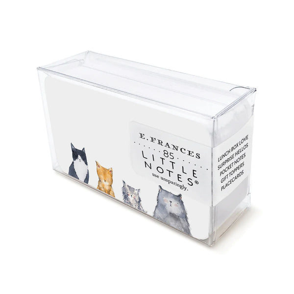 E francés brand little note cards with four cats in clear box on a white background