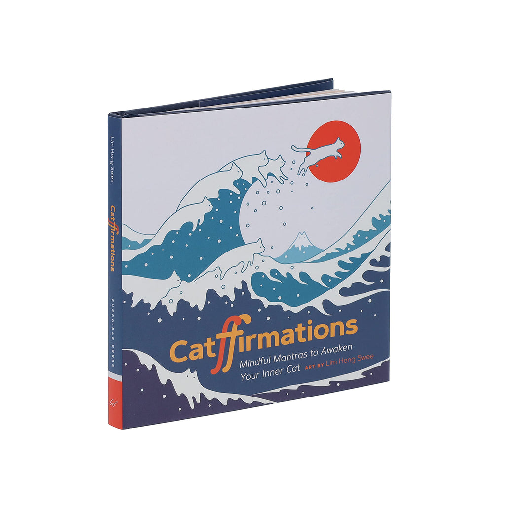 Cover of book titled 'Catffirmations' with blue and white waves if cat shapes on a white background
