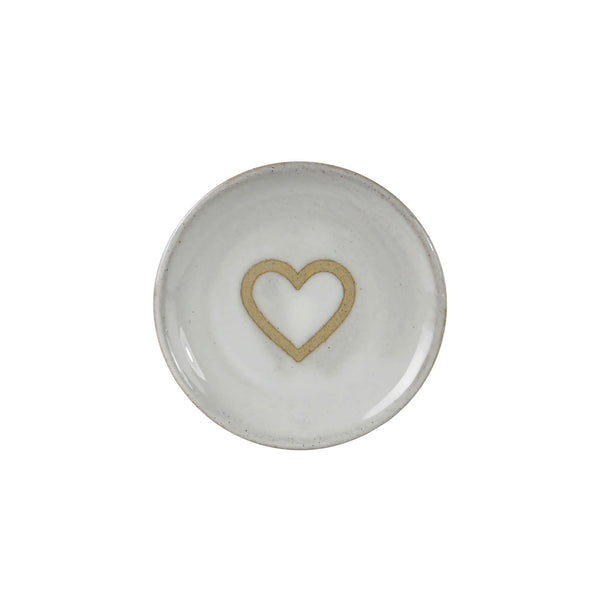 Small round white glazed dish with stoneware heart painted 