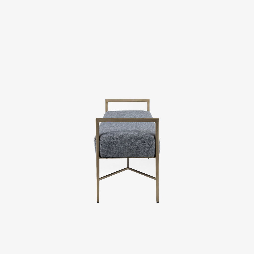 Bench with metal frame and grey upholstered seat on a white background