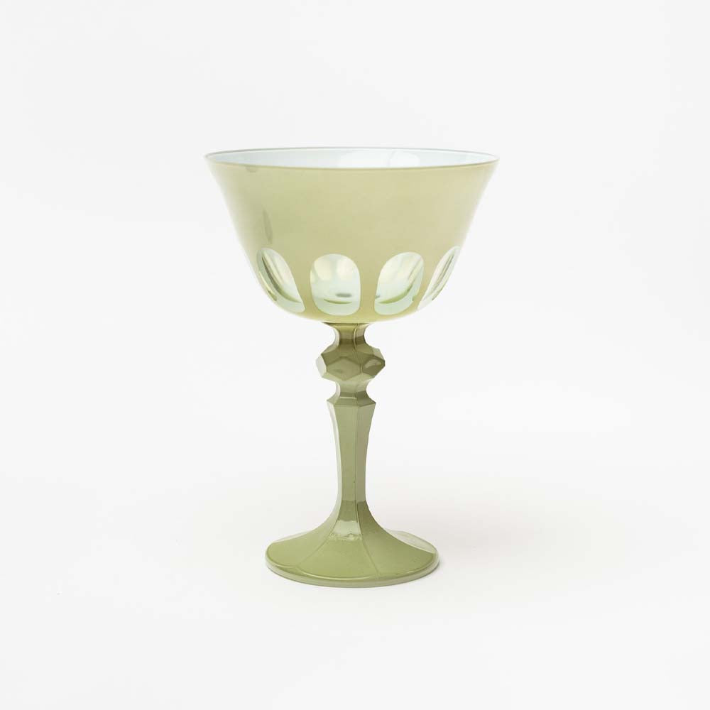 Sir Madam Rialto glass coupes in sage green on a white background