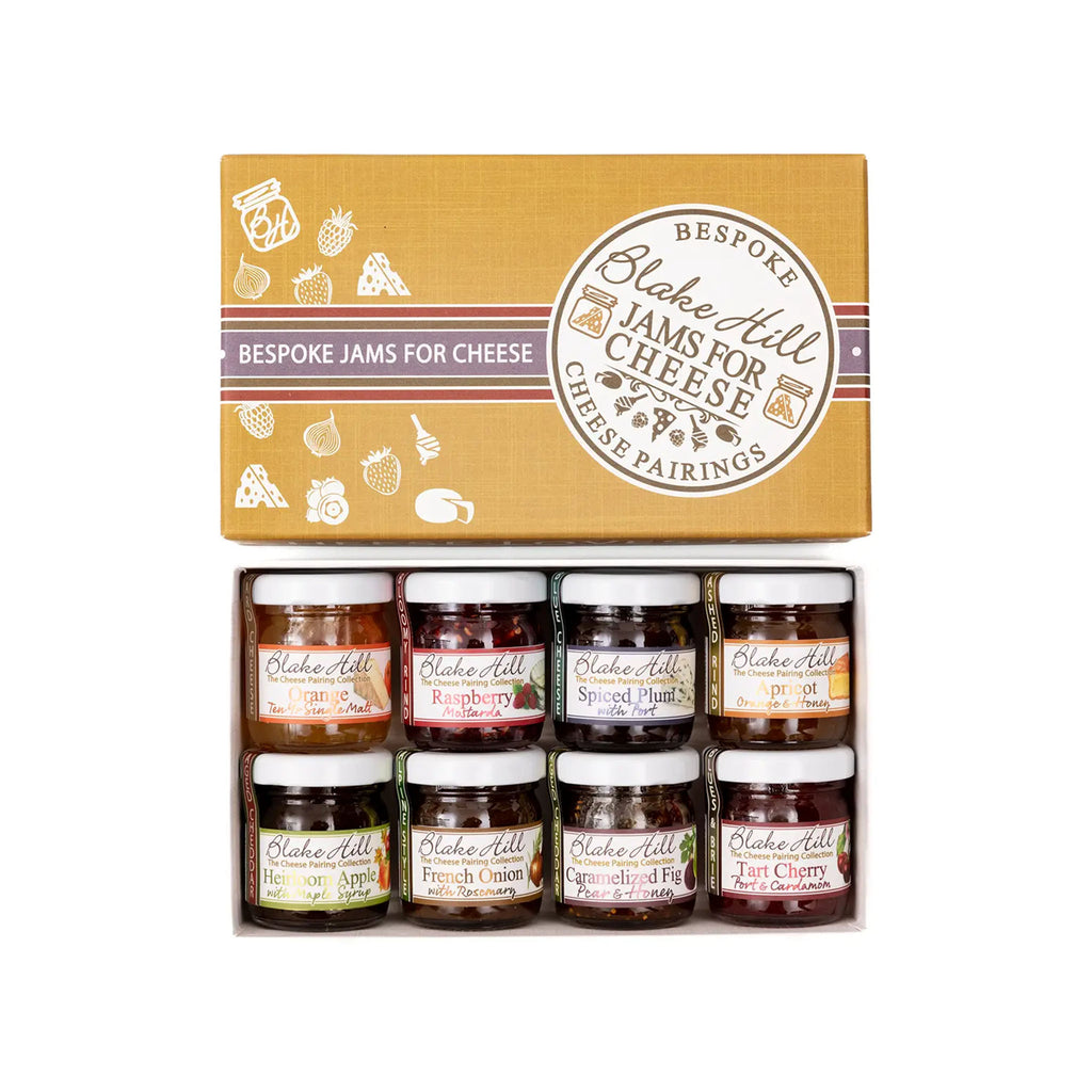 Blake Hill cheese lovers jam sampler gift box with 8 small jam jars in yellow box on a white background