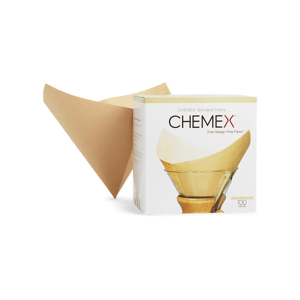Chemex pre folded natural filter box of 100 on a white background