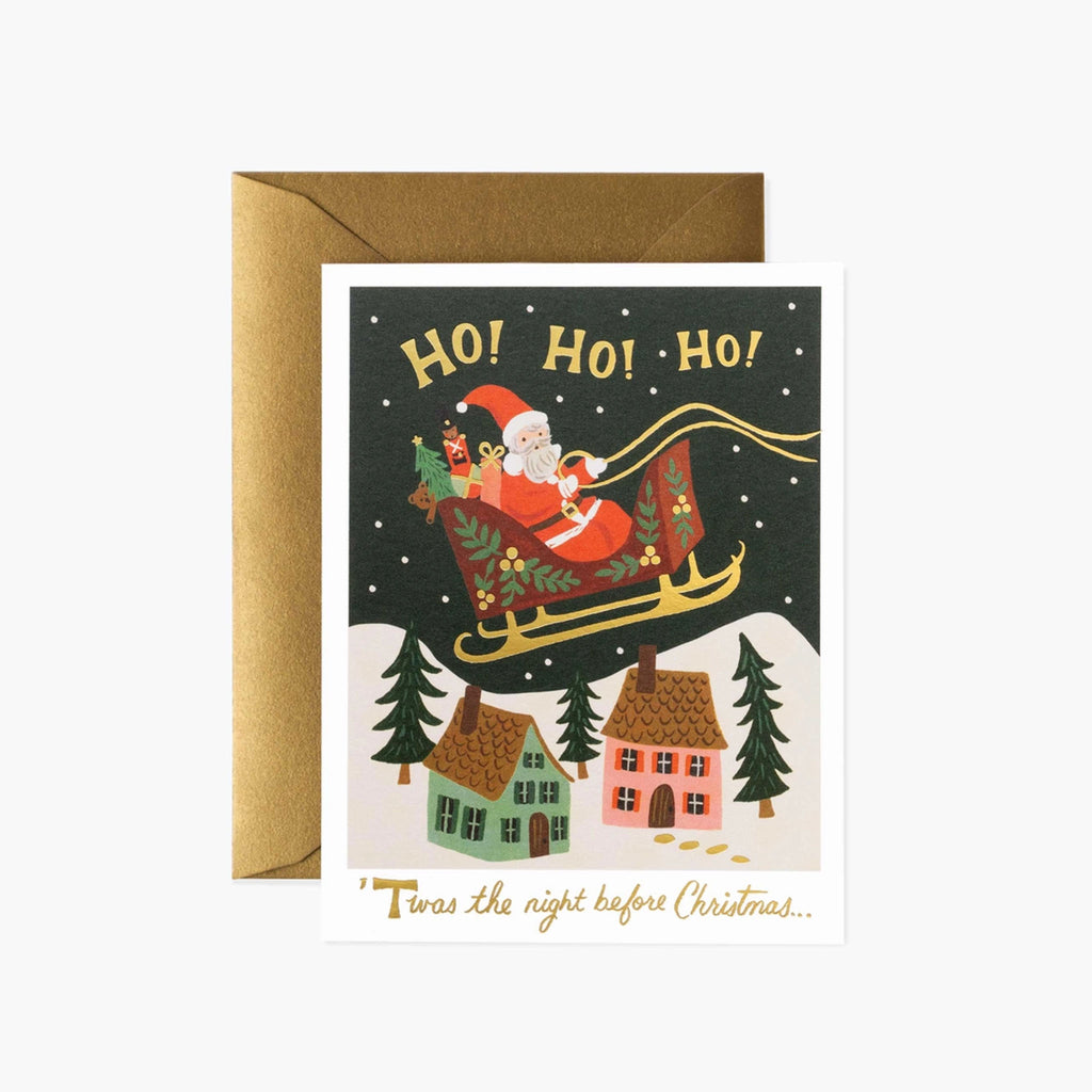 Rifle Paper Christmas Delivery Greeting Card with santa in a sleigh on a white background