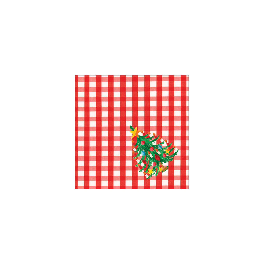 Red gingham cocktail napkin with christmas tree on corner on a white background