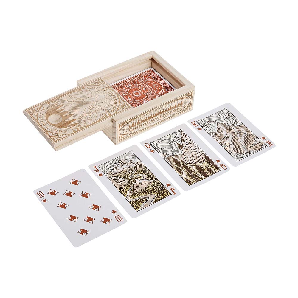 Great outdoors playing cards in wood box with sliding top on a white background