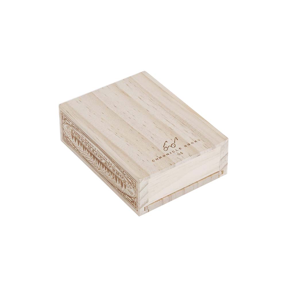 Botton of box from Great outdoors playing cards in wood box with sliding top on a white background