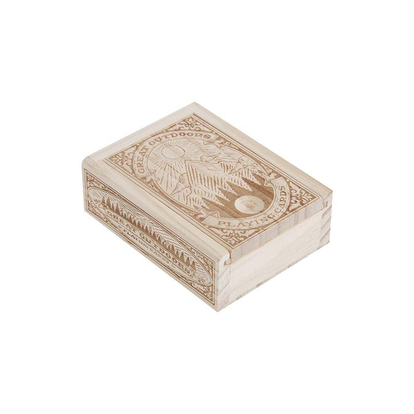 Great outdoors playing cards in wood box with sliding top on a white background