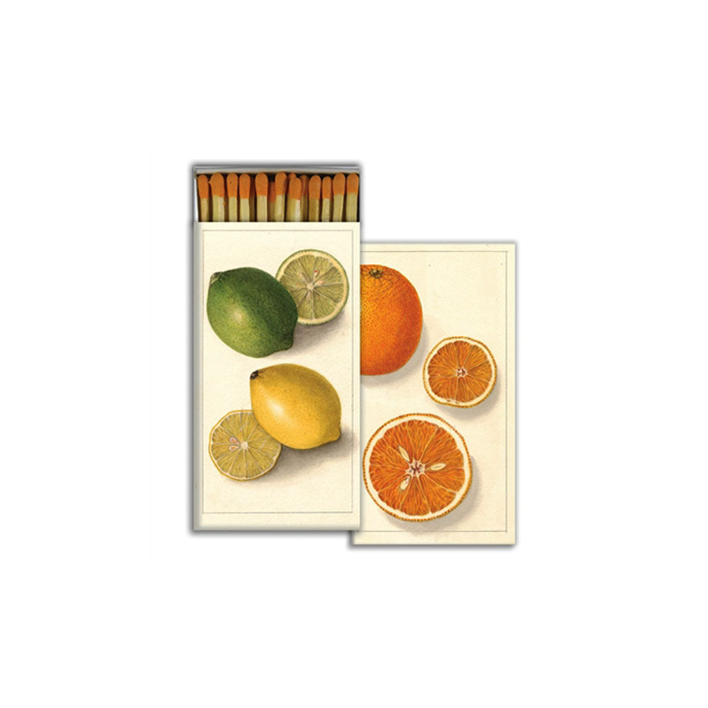 Box of matches with limes lemons and oranges on front