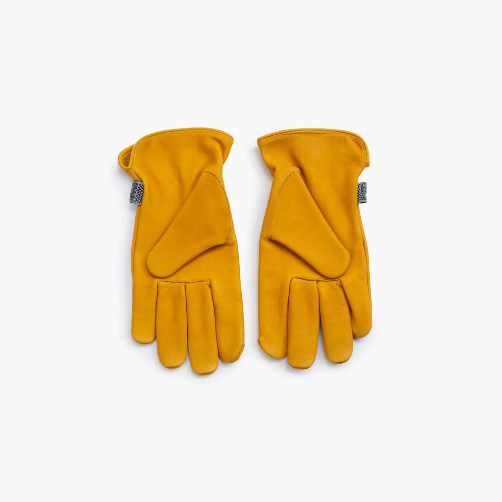 Pair of Yellow leather garden work gloves on a white background