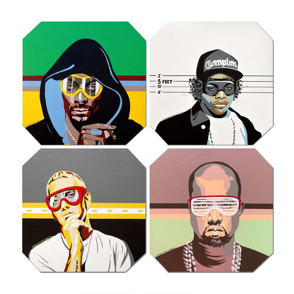 Set of four colorful coasters by artist Shannon Henn with musicians wearing goggles including Snoop Easy Eminem and Kanye