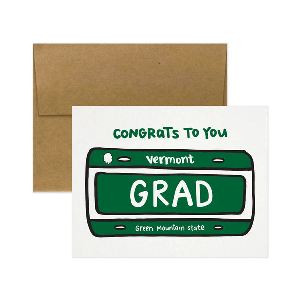 Congrats Grad Vermont License Plate Greeting Card on a white background