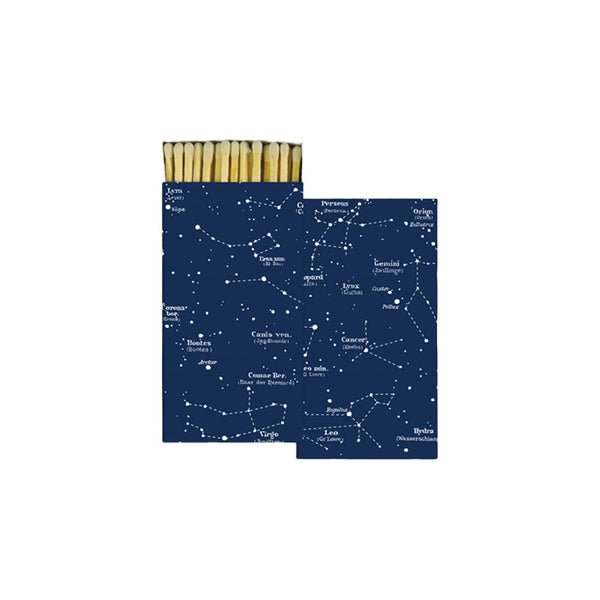 Dark blue match box with constellation pattern on a white background