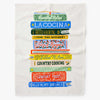 Rifle paper company colorful 'cookbooks' tea towel on a white background