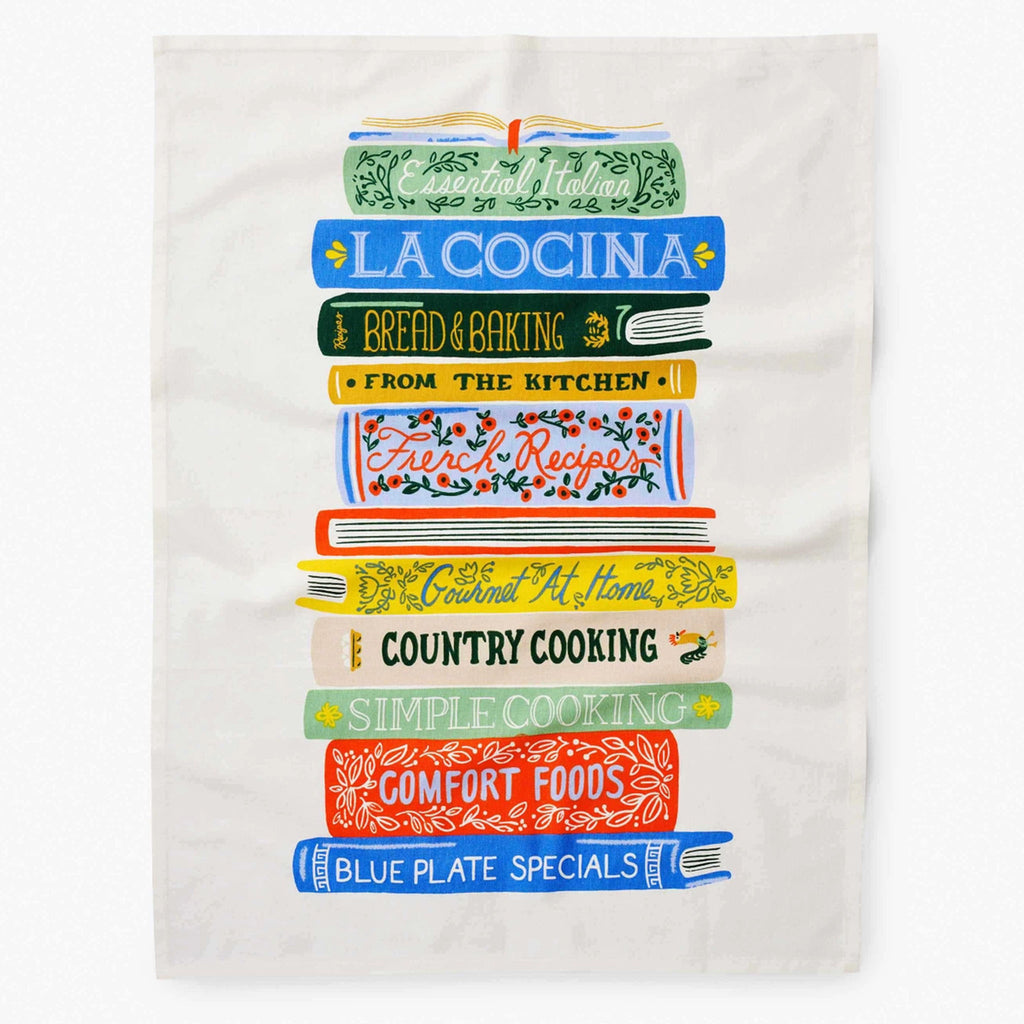 Rifle paper company colorful 'cookbooks' tea towel on a white background