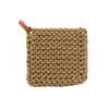 Thick flaxen colored crocheted pot holders with leather loop on a white background