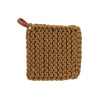 Thick dark mustard colored crocheted pot holders with leather loop on a white background