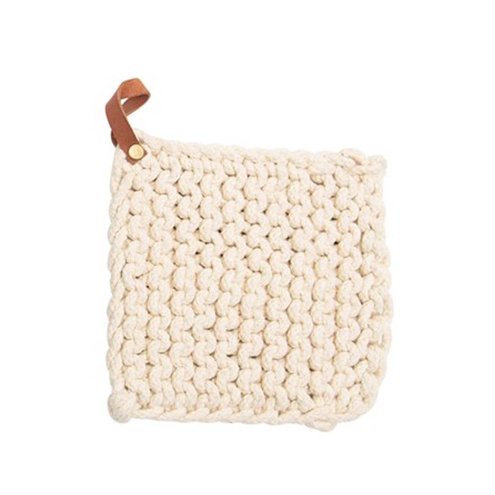 Creme crocheted pot holder with leather loops on a white background
