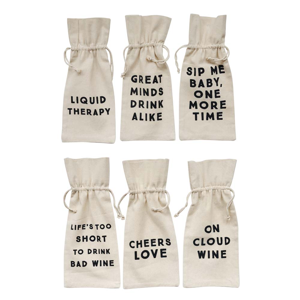Six white cotton wine gift bags with funny sayings on them 