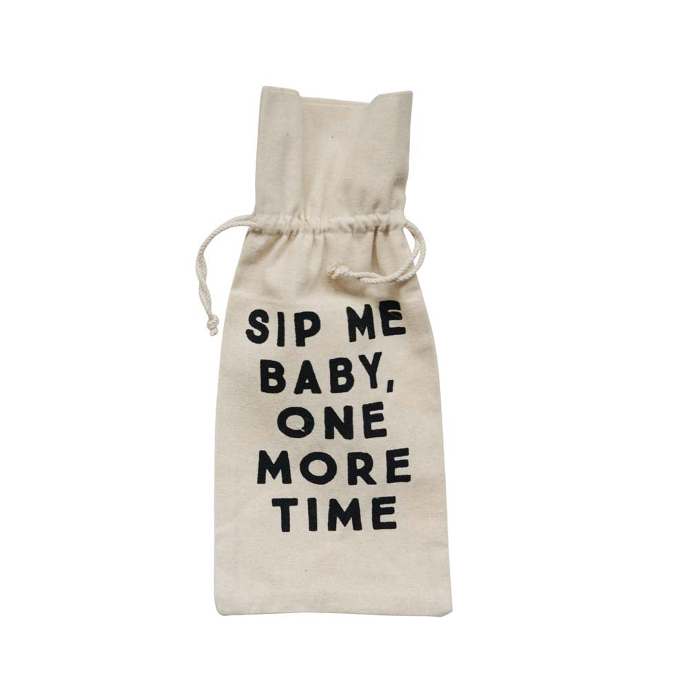 White cotton wine bag that says 'Sip me baby one more time'