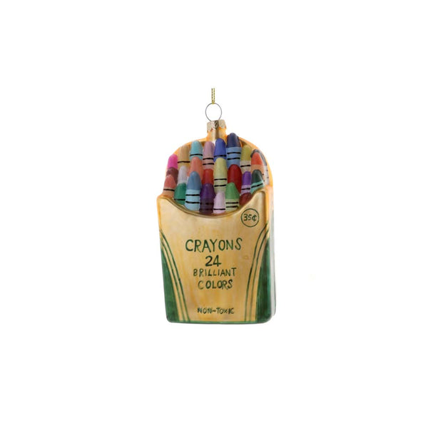 Rainbow box of crayons Christmas tree ornament by Cody Foster on white background