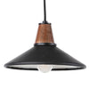 Black leather and walnut pendant light with black cord on a white background