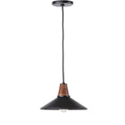 Black leather and walnut pendant light with black cord on a white background