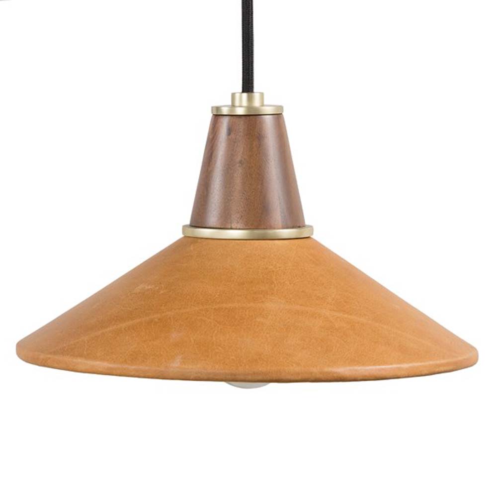 Leather and walnut pendant light with brass accents and black cord on a white background