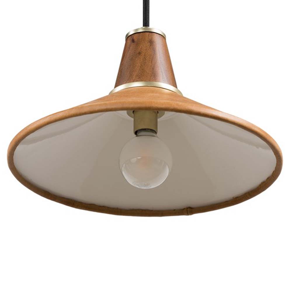Leather and walnut pendant light with brass accents and black cord on a white background