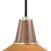 Close up of Leather and walnut pendant light with brass accents and black cord on a white background