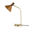 Side view of Four hands brand Cullen task lamp in brass with leather shade and walnut accents on a white background
