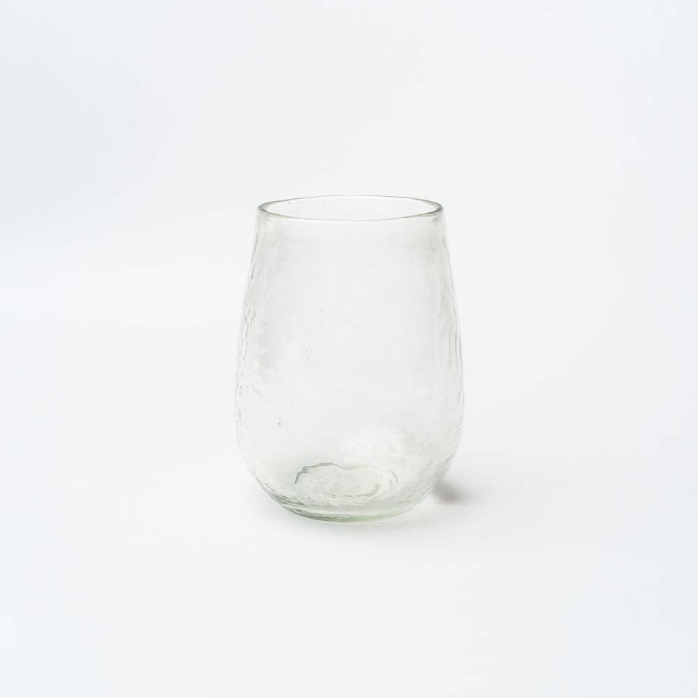 stemless wine glasses on a white background.