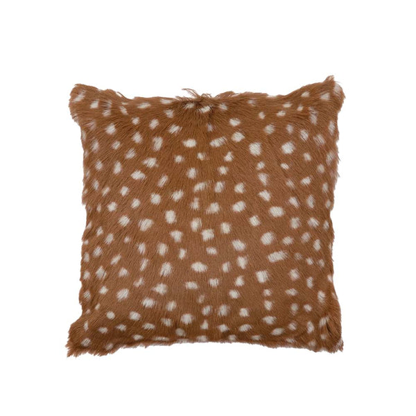 Brown goat fur square pillow with white spots on a white background