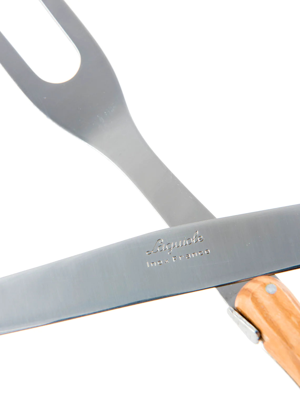 Close up of Laguiole olivewood carving set  blade