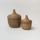 Two seagrass baskets with lids that look like acorns on a white background