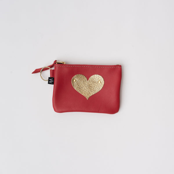 Small red leather pouch with gold appliqué heart and key ring