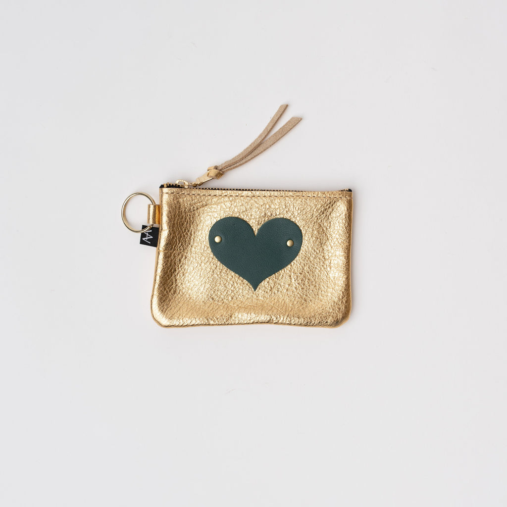 Small gold leather pouch with green appliqué heart and key ring