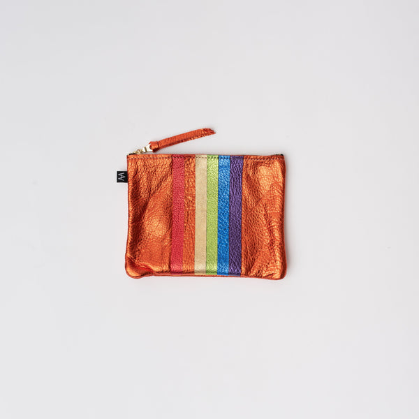 Small orange leather pouch with rainbow stripes on a white background