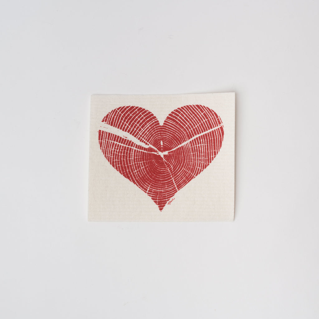 White Swedish cloth with red heart print on a white background