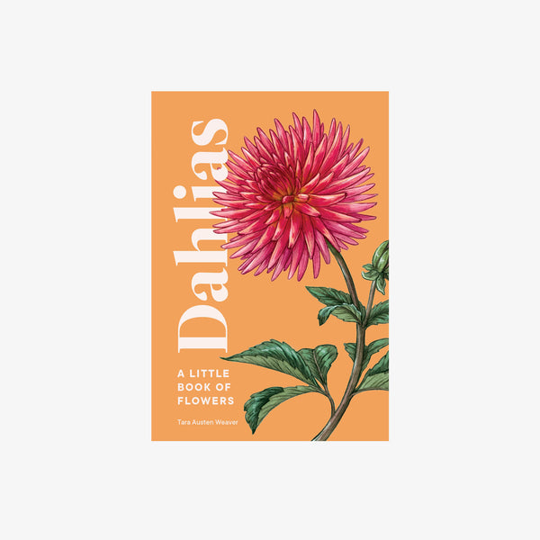 Orange book cover with pink Dahlia on front cover of book 'Dahlias' on a white background