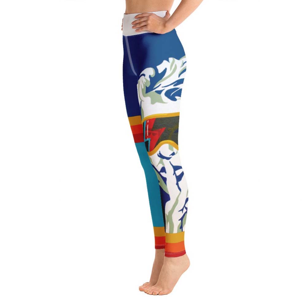 Side view of David Bowie blue and white après ski yoga leggings by Shannon Hemm on model with white background 