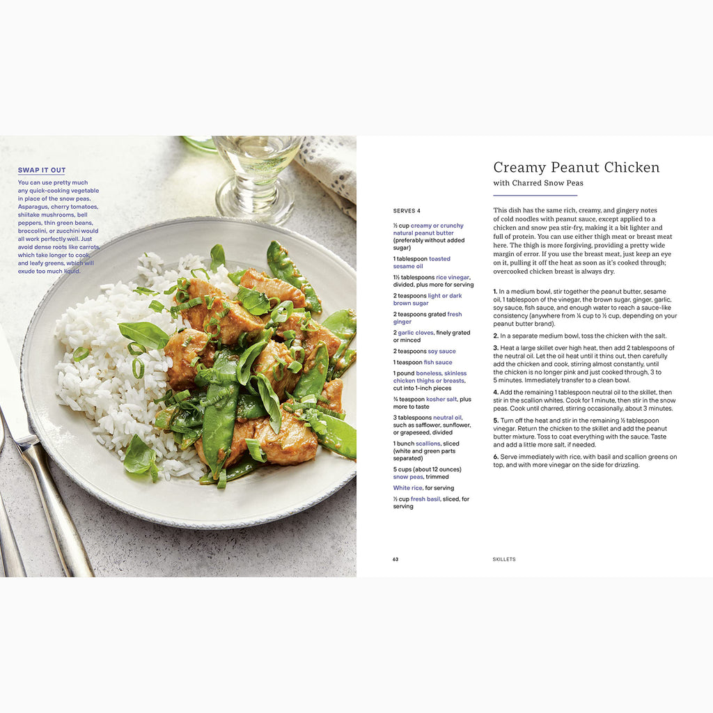 Inside pages of book titled Dinner in One by Melissa Clark on a white background