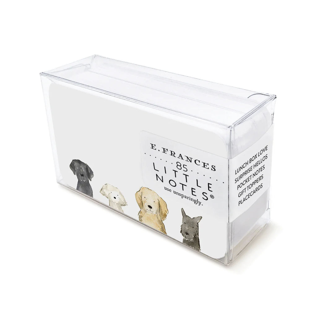 E francés brand little note cards with four dogs in clear box on a white background