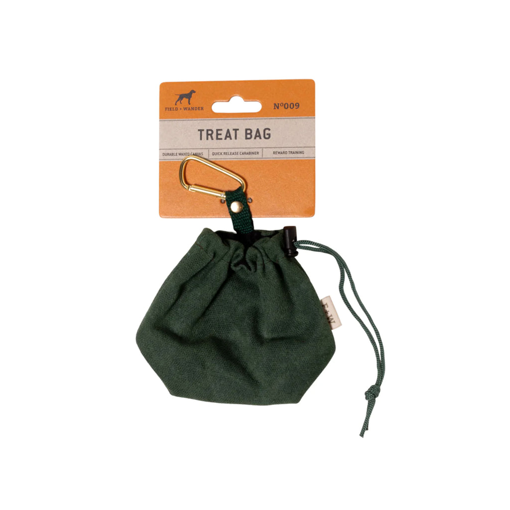 Field and wander brand green draw string dog treat bag on a white background