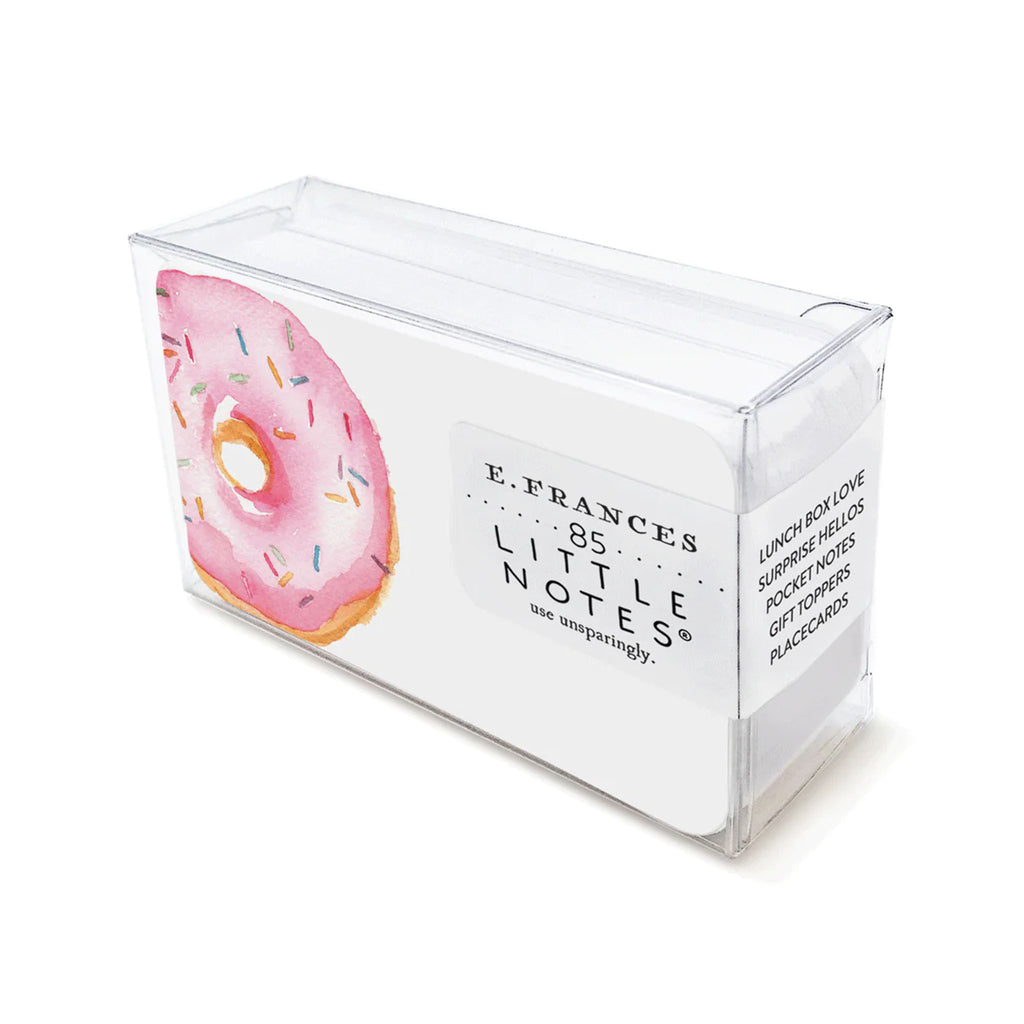 E francés brand little note cards with pink donut in clear box on a white background