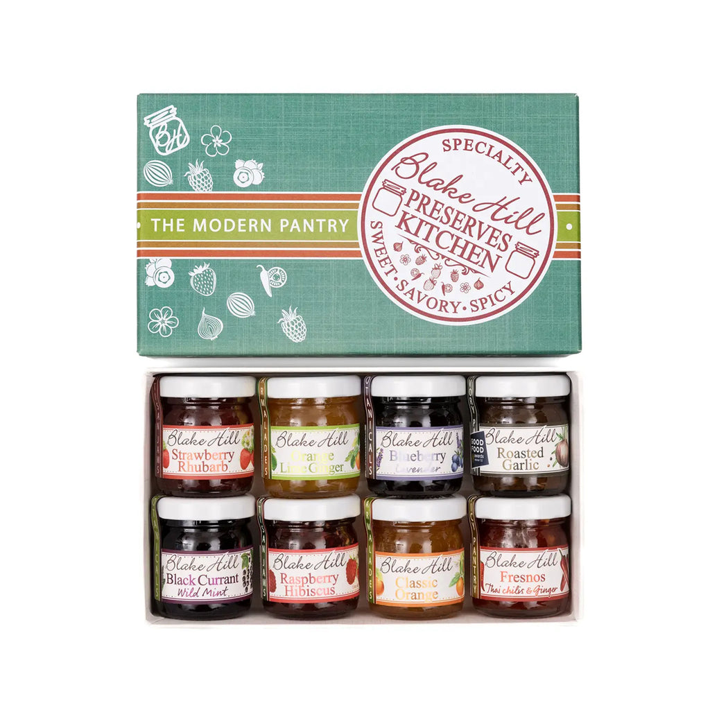 Blake Hill jam sampler gift box with 8 small jam jars in blue box on a white background
