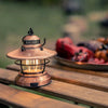 Barebones brand mini Edison lantern with vintage style and caged bulb in copper on a picnic table