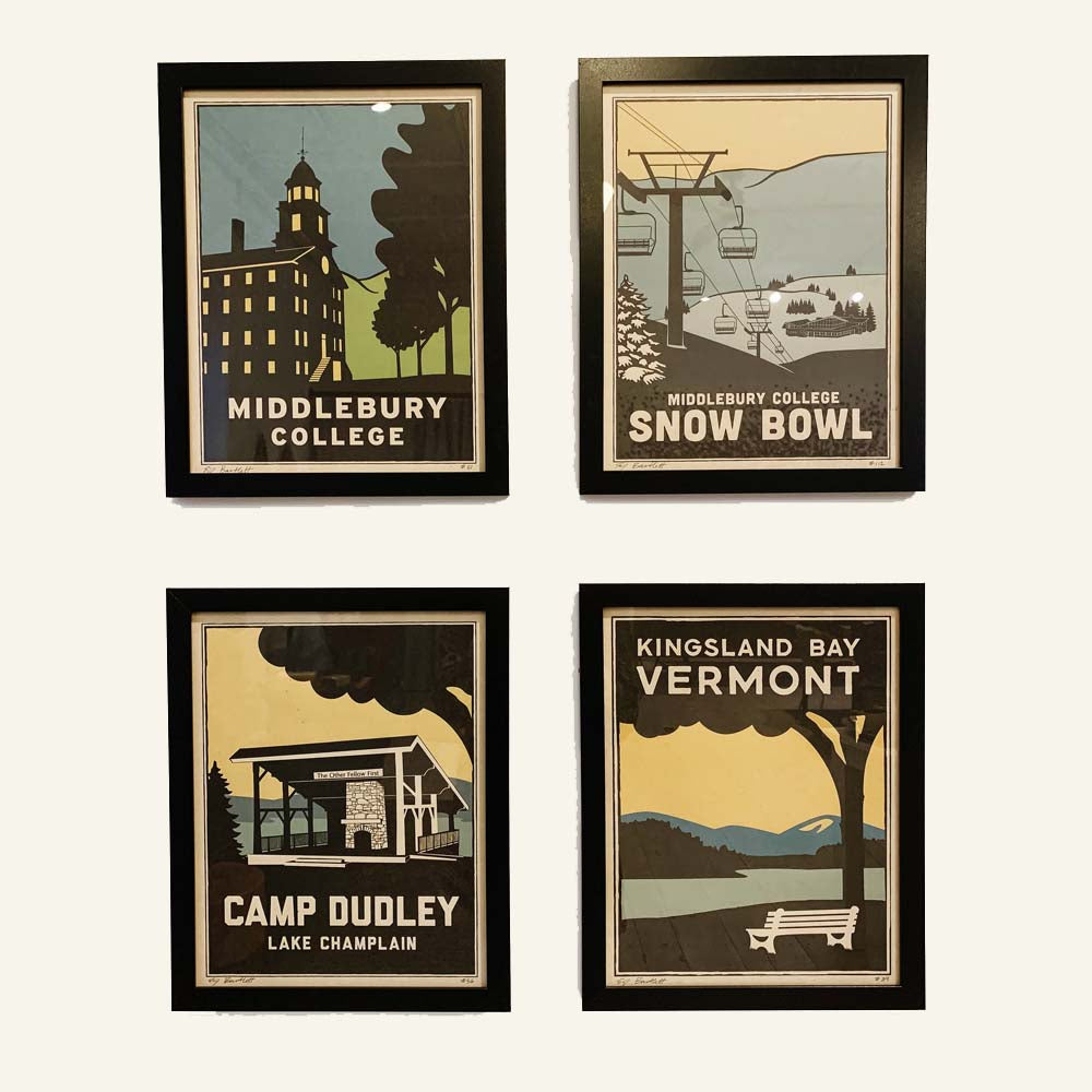 Set of 4 framed prints of Middlebury College, Middlebury College Snow Bowl, Camp Dudley and Kingsland Bay by artist EJ Bartlett