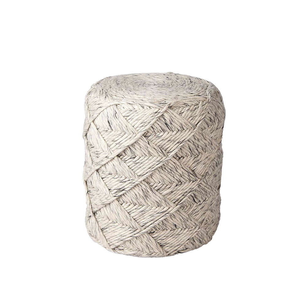Round pouf covered in woven grey wool in a lattice chevron pattern on a white backrgound